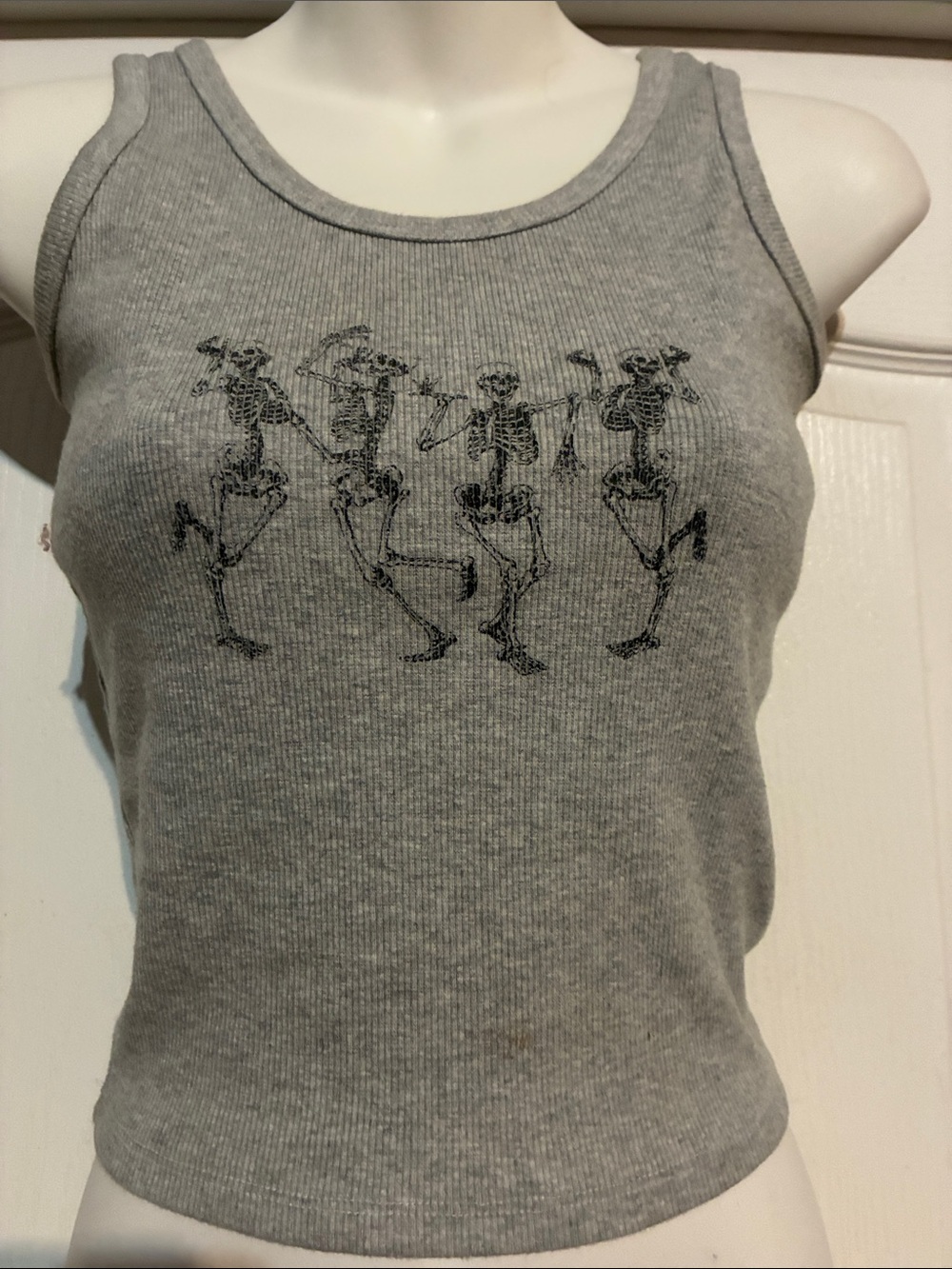 Gray Ribbed Tank with Dancing Skeleton Print